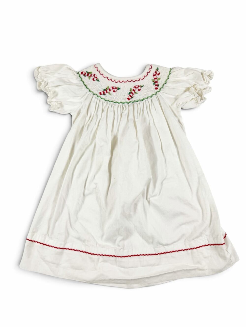 Anavini Candy Cane Smocked Christmas Bishop Dress White 24 Months